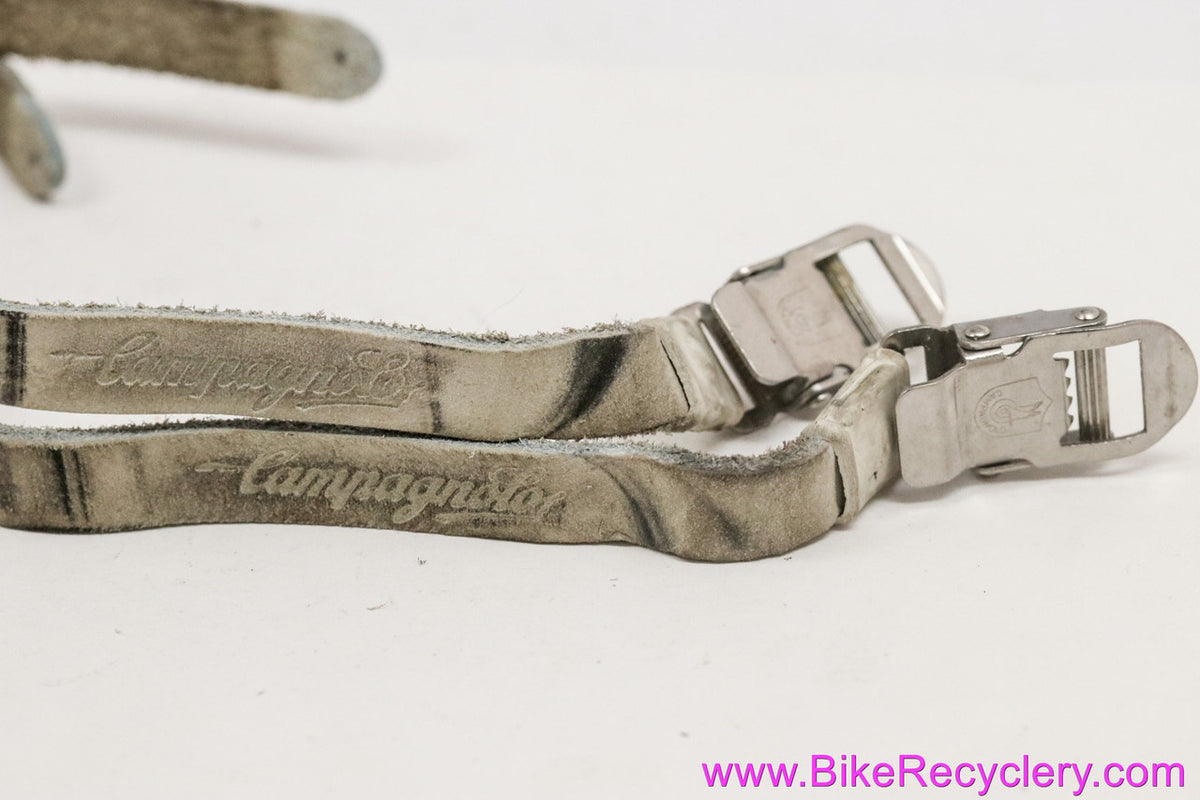 Campagnolo C-Record Toe Straps: Laminated Leather - SS Inox: White/Grey Leather - Script Logo (Pair, EXC Supple)