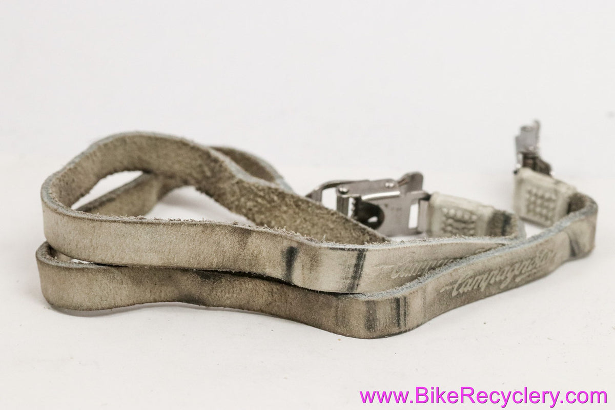 Campagnolo C-Record Toe Straps: Laminated Leather - SS Inox: White/Grey Leather - Script Logo (Pair, EXC Supple)