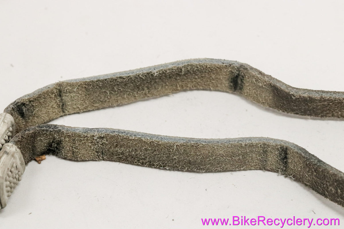 Campagnolo C-Record Toe Straps: Laminated Leather - SS Inox: White/Grey Leather - Script Logo (Pair, EXC Supple)