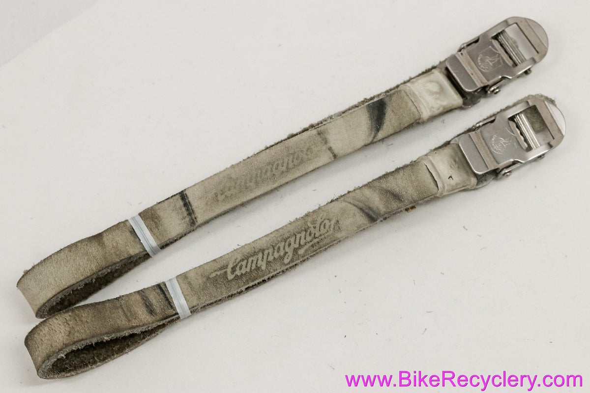 Campagnolo C-Record Toe Straps: Laminated Leather - SS Inox: White/Grey Leather - Script Logo (Pair, EXC Supple)
