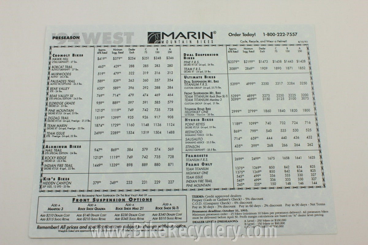 1994 Marin Bicycles Catalog & Dealer Price List