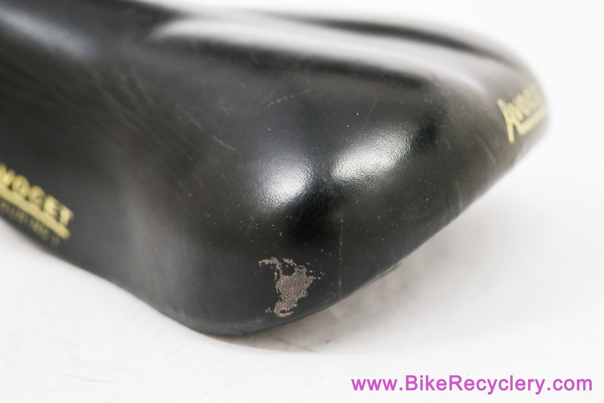 Avocet Touring l Leather Saddle: Black - 1970's/1980's - Black w/ Yellow Decals