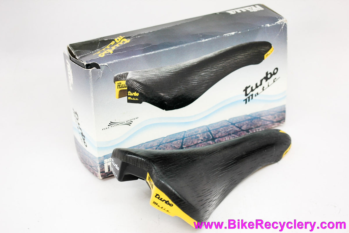 NIB/NOS Selle Italia Turbo-Matic Saddle: 1991 Vintage - Black Textured Leather - Yellow/Black Accents (Take-off)