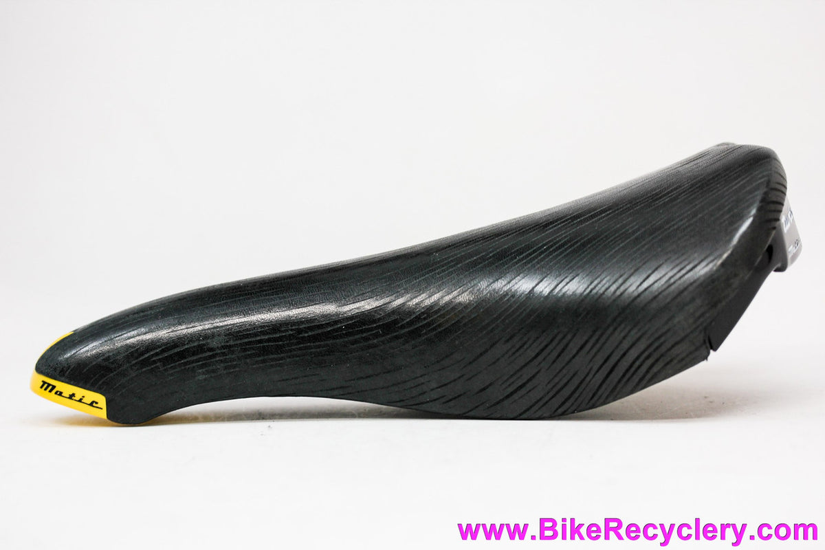 NIB/NOS Selle Italia Turbo-Matic Saddle: 1991 Vintage - Black Textured Leather - Yellow/Black Accents (Take-off)