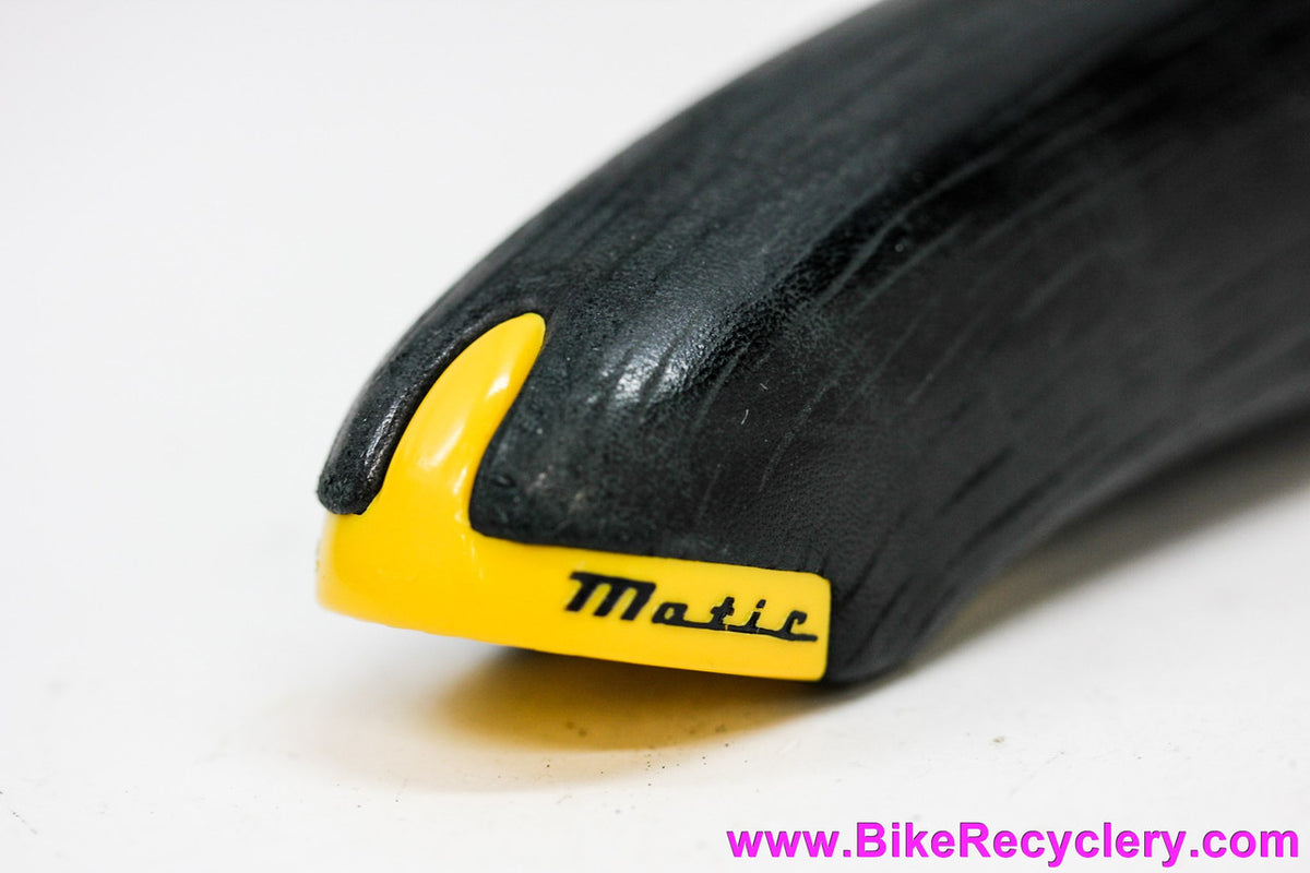 NIB/NOS Selle Italia Turbo-Matic Saddle: 1991 Vintage - Black Textured Leather - Yellow/Black Accents (Take-off)