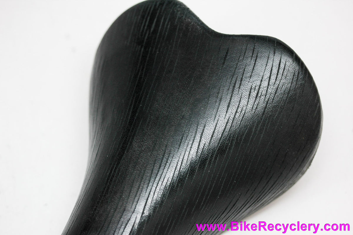 NIB/NOS Selle Italia Turbo-Matic Saddle: 1991 Vintage - Black Textured Leather - Yellow/Black Accents (Take-off)