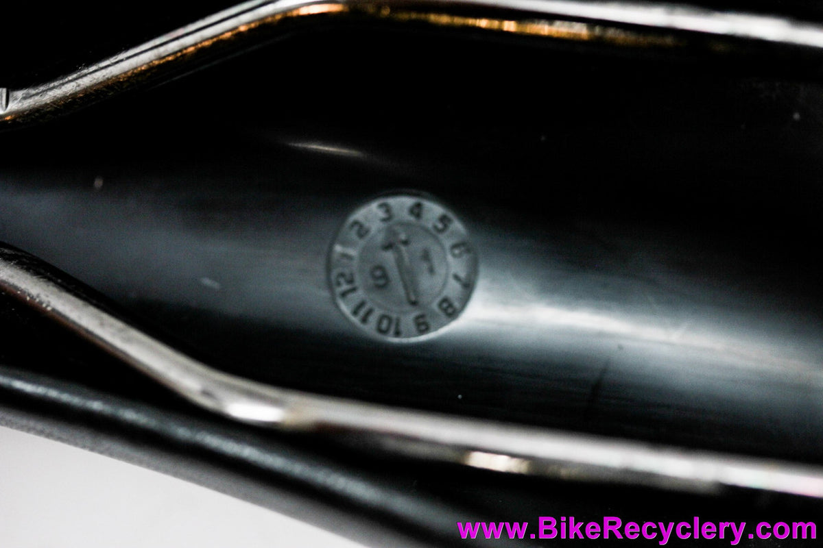 NIB/NOS Selle Italia Turbo-Matic Saddle: 1991 Vintage - Black Textured Leather - Yellow/Black Accents (Take-off)