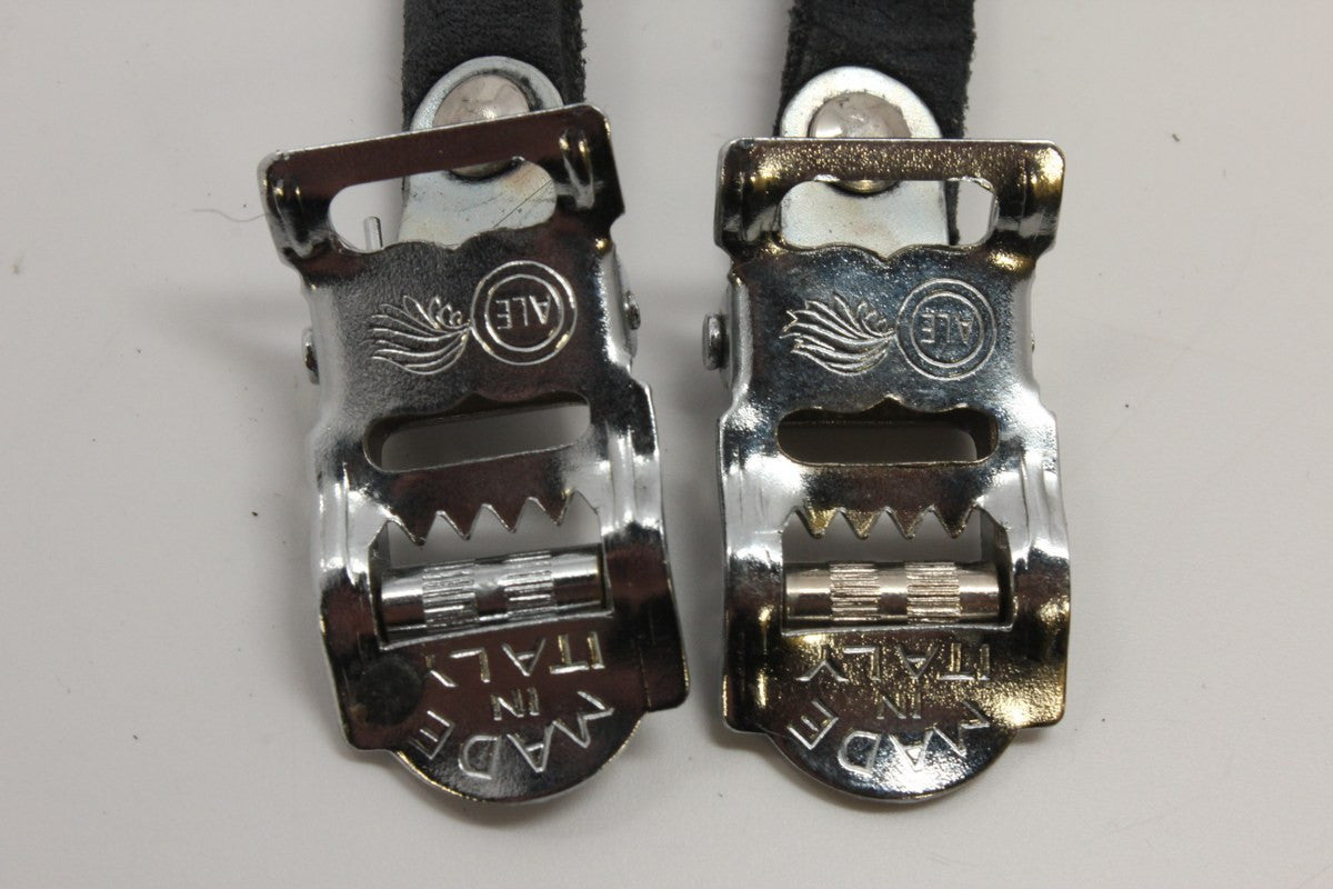 Ale Toe Straps: Black Leather, Chrome, EXC