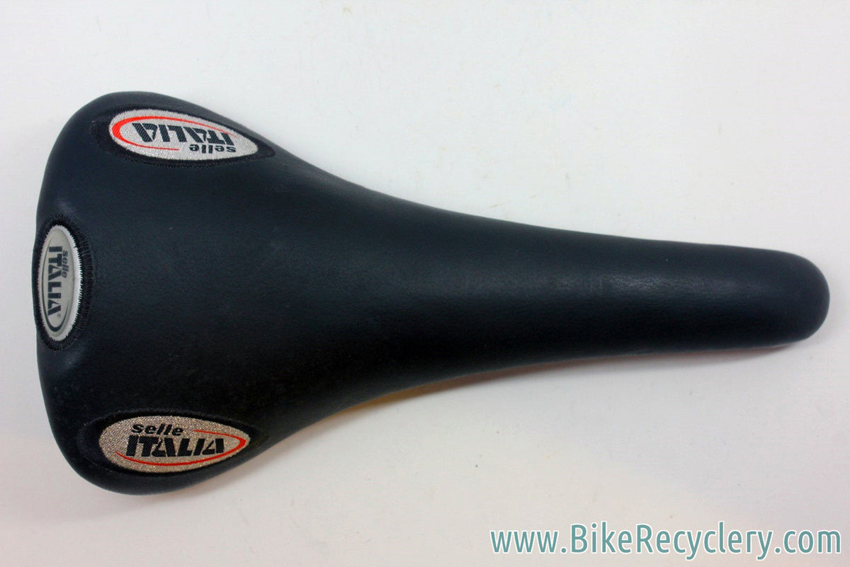 Selle Italia Flite Ti Saddle: Black Smooth Leather - Vintage 2nd Gen 2001 - Grey/Red Embroidery (MINT)