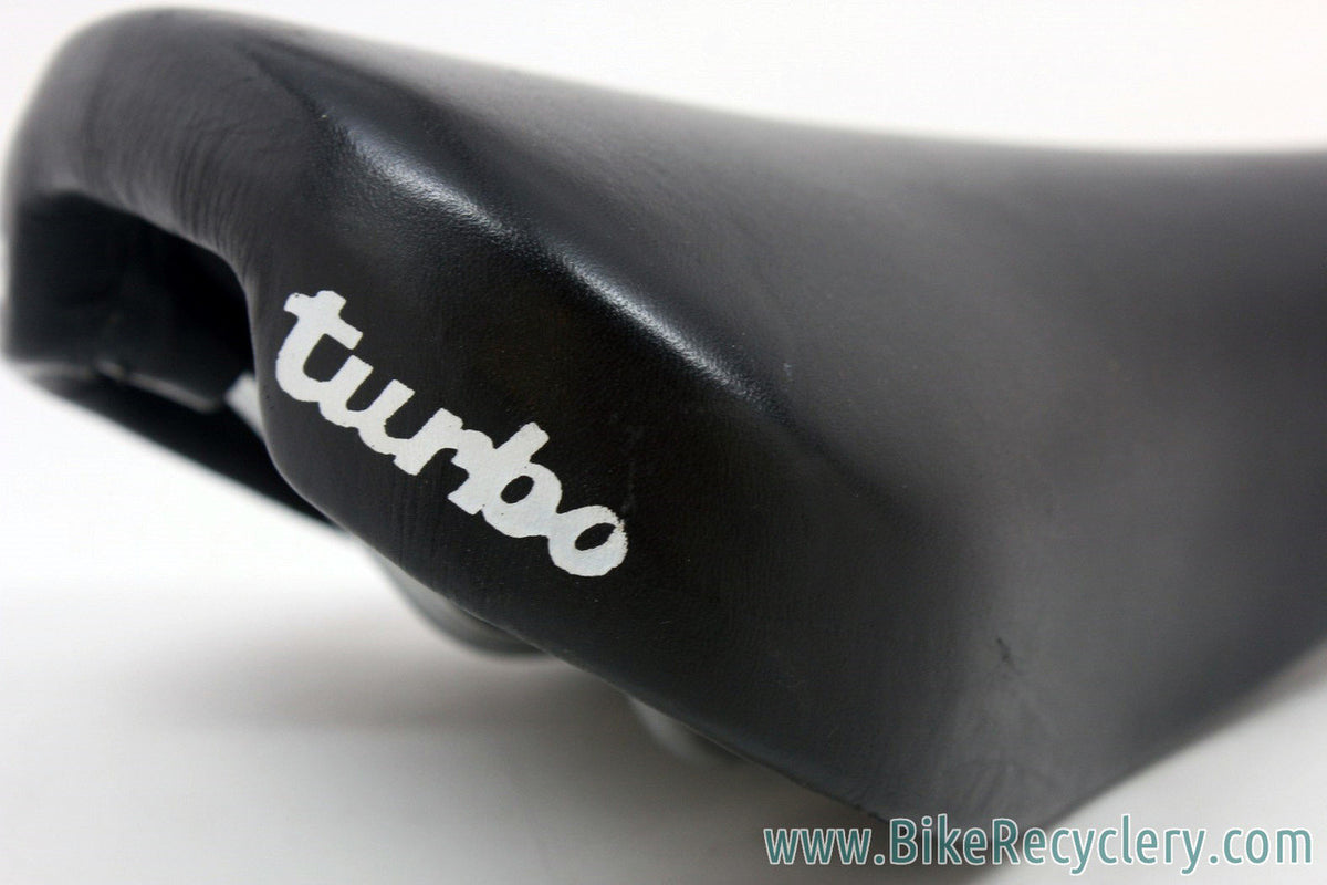 Selle Italia Turbo Saddle: Smooth Black Leather - White Decals - Vintage 1980's (NM+)