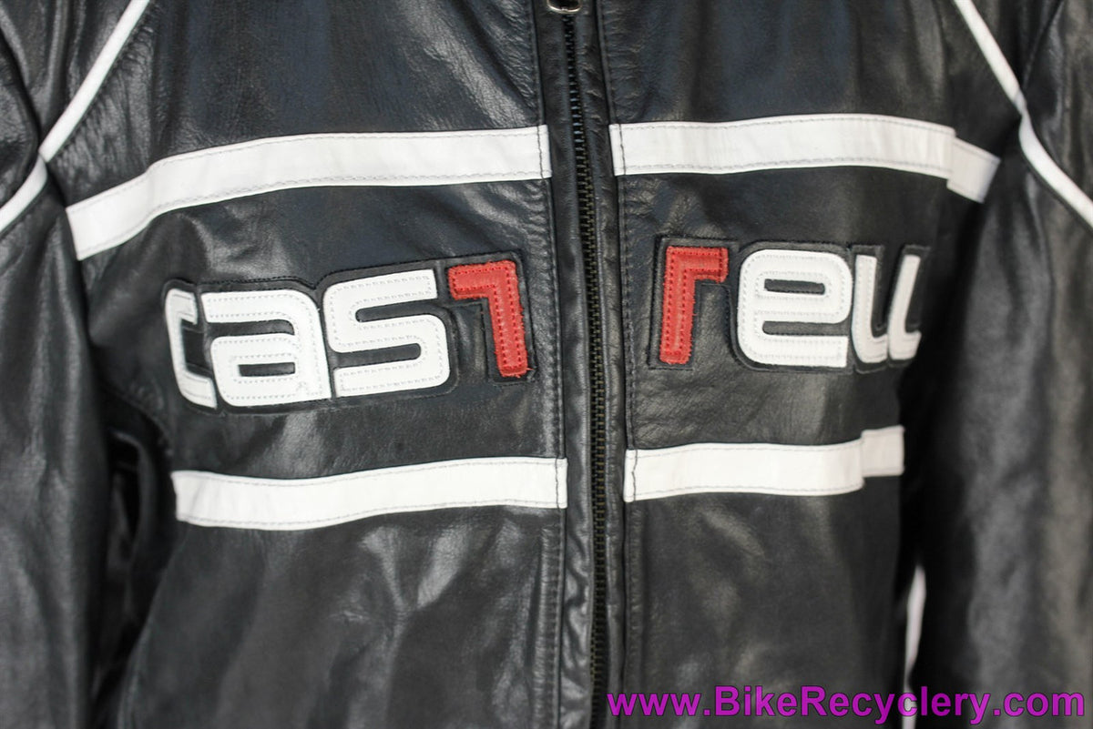 Castelli Leather Moto Jacket: Medium(+) - Black Genuine Italian Leather - Red/White Leather Patchwork (Near Mint+)