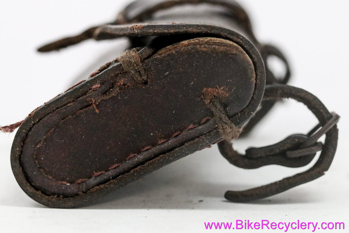 Antique Leather Saddle Tool Bag: Black - Loop / Strap Closure - 1940's 1950's 1960's French or English