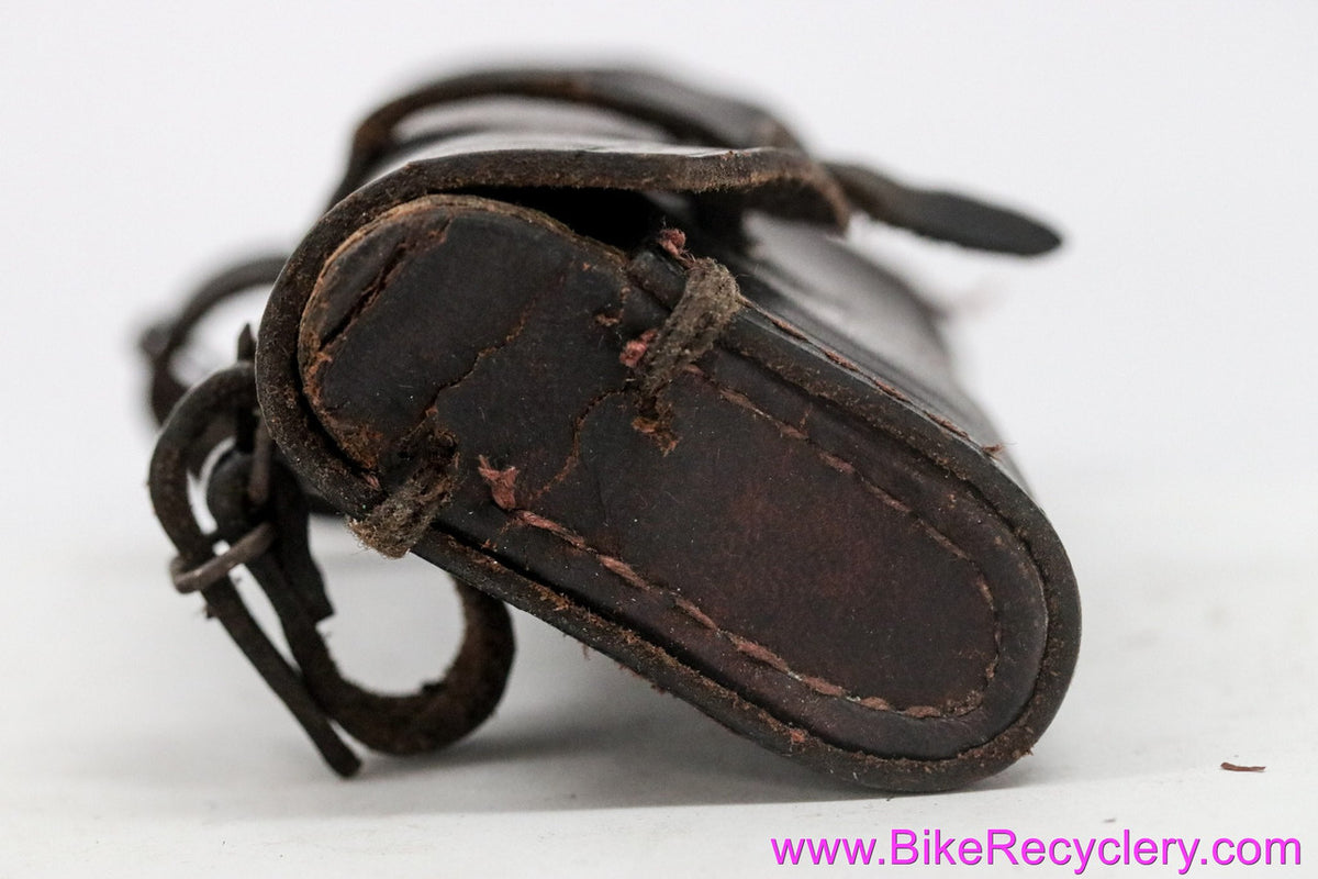 Antique Leather Saddle Tool Bag: Black - Loop / Strap Closure - 1940's 1950's 1960's French or English