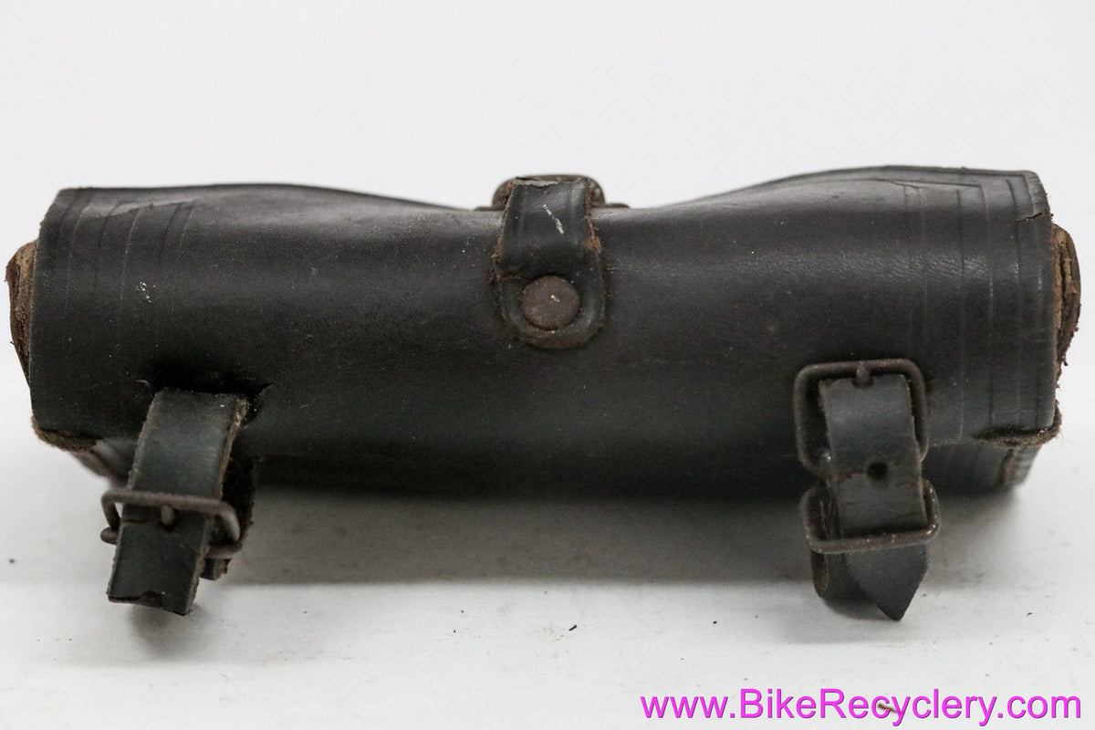 Antique Leather Saddle Tool Bag: Black - Loop / Strap Closure - 1940's 1950's 1960's French or English
