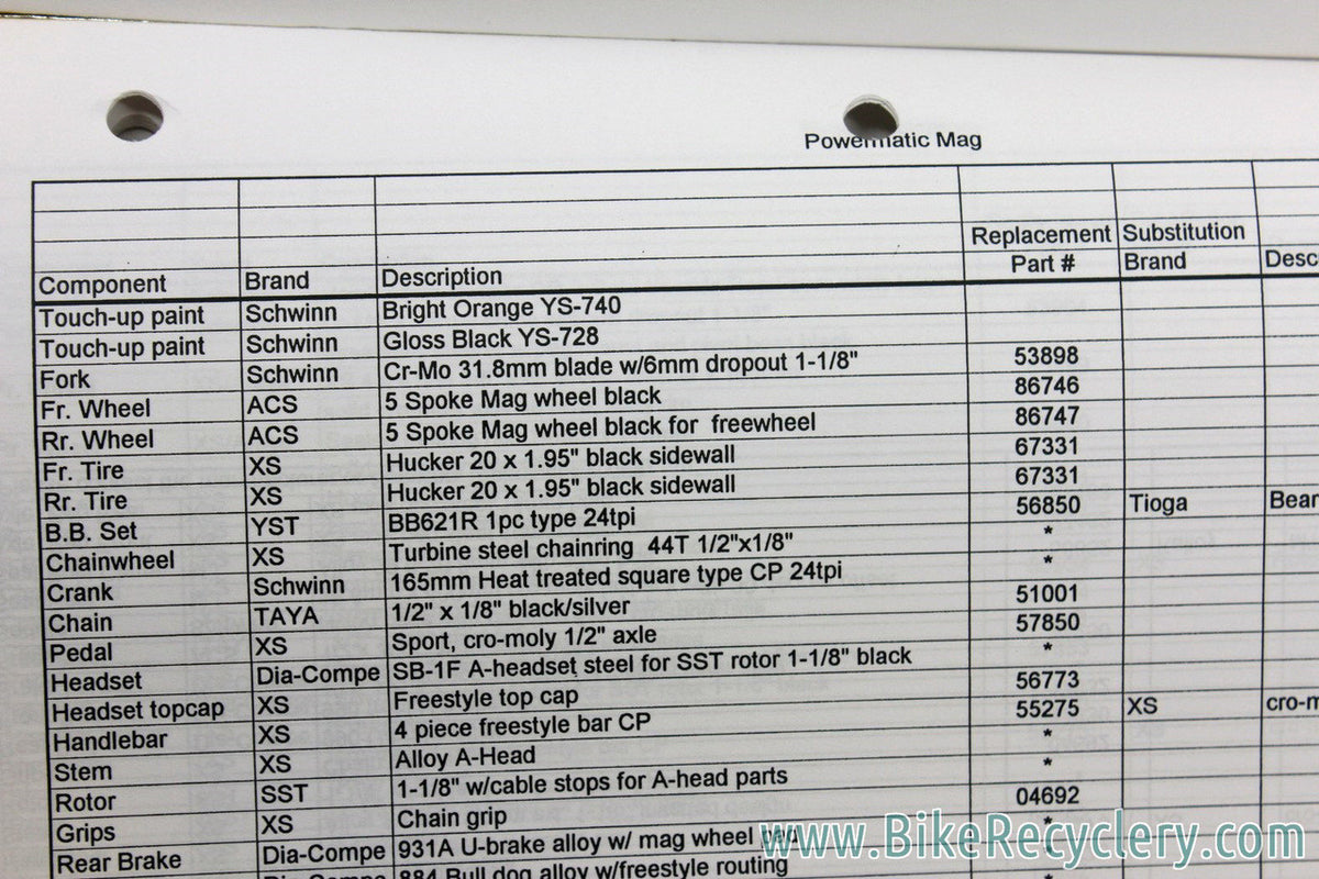 Schwinn Bicycle Repair Parts Specifications Catalog LOT: 1986 to 1999 - 10pc - Stock part specs for every bike model!