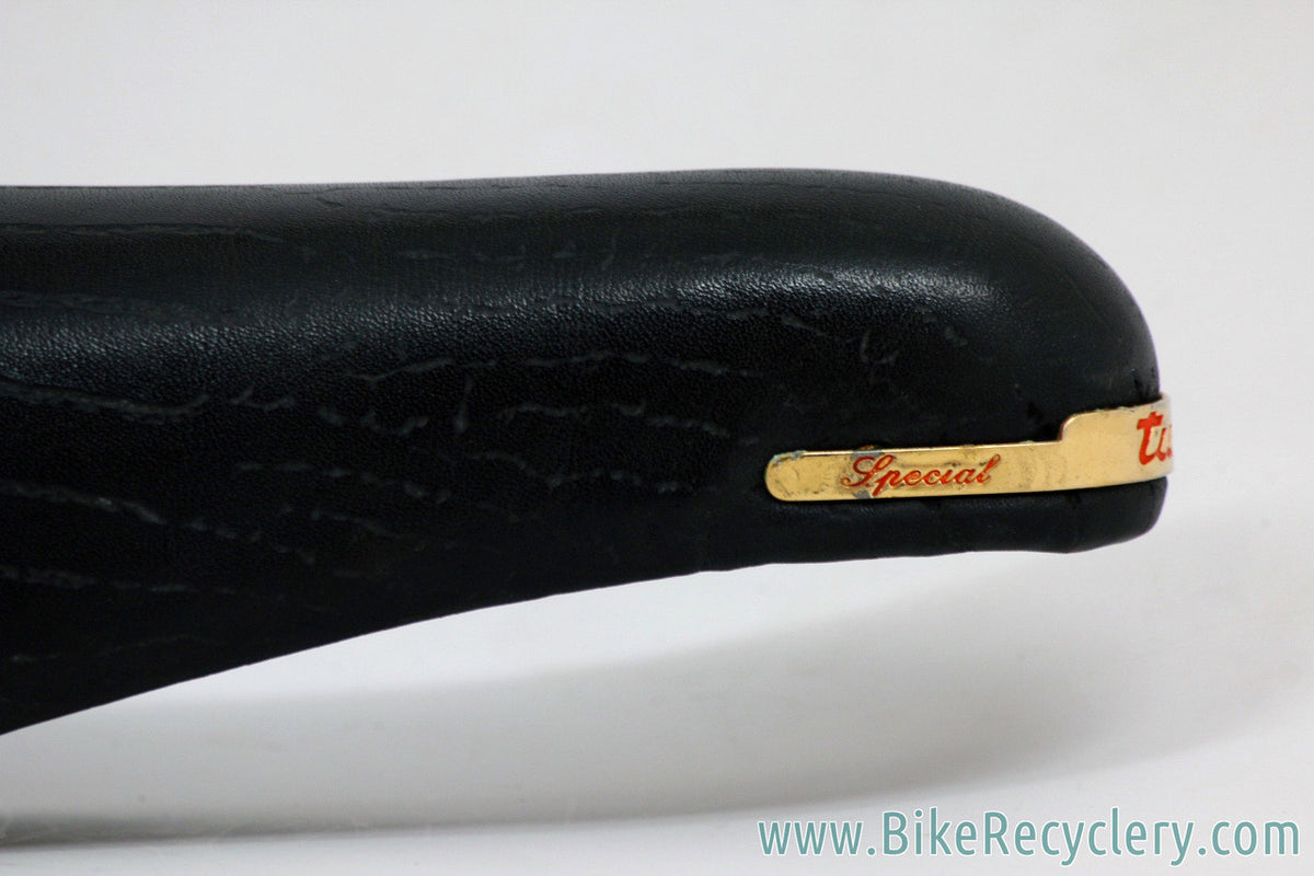 Selle Italia Turbo Special Saddle: Black Leather - Brass Rails/Plates - Vintage 1990's