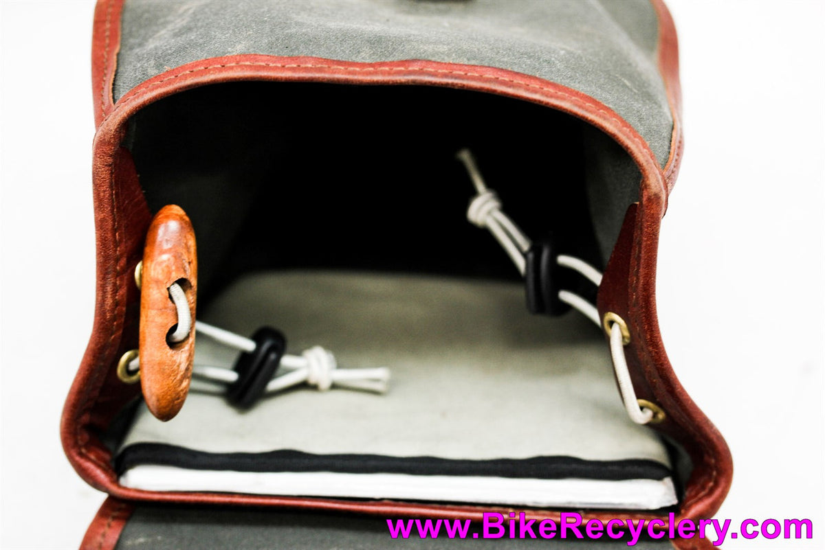 Rivendell Sackville Banana Sax Saddle / Handlebar Bag: Olive & Honey Brown Leather - Waterproof Waxed Canvas (Near Mint)