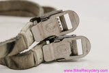 Campagnolo C-Record Toe Straps: Laminated Leather - SS Inox: White/Grey Leather - Script Logo (Pair, EXC Supple)