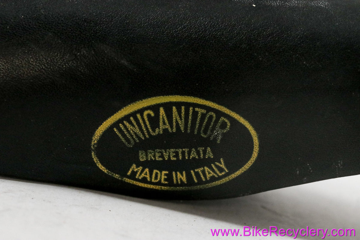 Cinelli Unicantor #1 Saddle: Unpadded Smooth Black Leather - Yellow Logos - 1970's