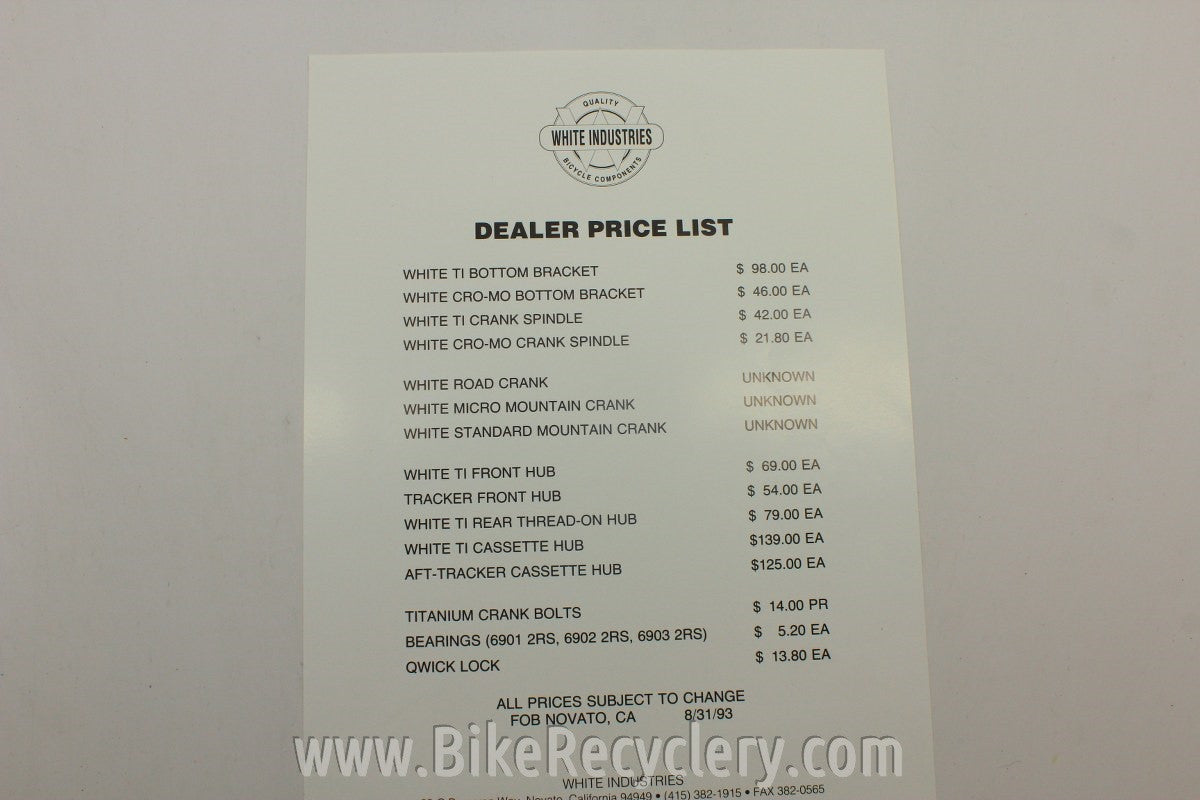 1990's White Industries Catalog & Dealer Price List