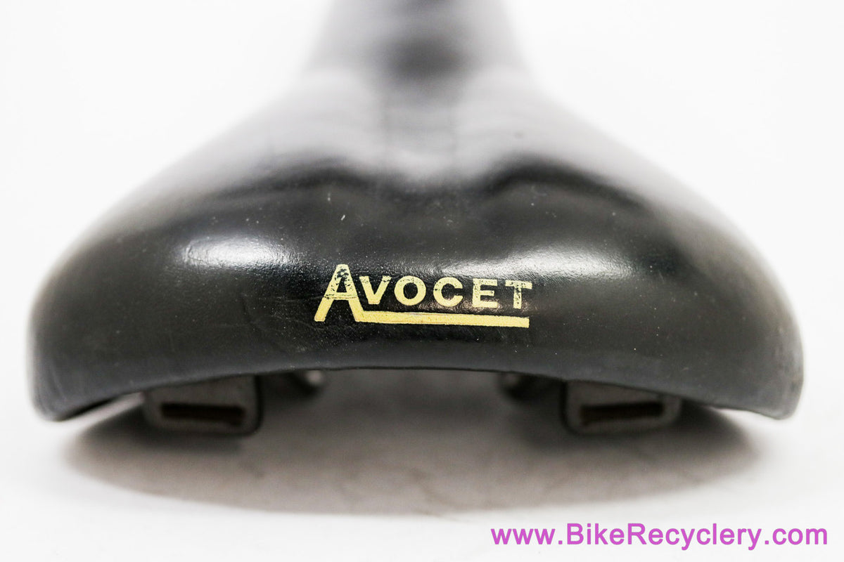 Avocet Touring l Leather Saddle: Black - 1970's/1980's - Black w/ Yellow Decals