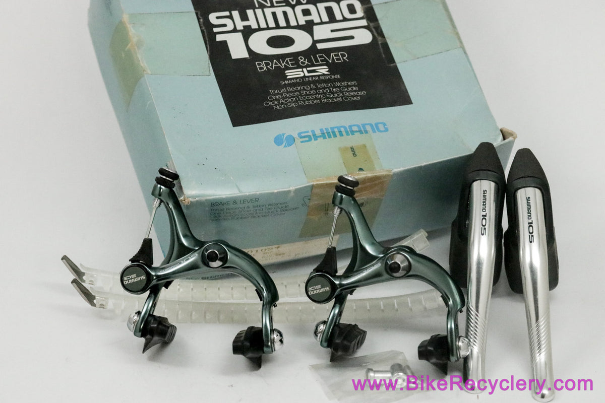 NIB/NOS Shimano 105 BR-1050 Brakeset & BL-1051 Levers: 47/57mm Standard Reach - Blue/Green Ano - Cables/housing - 1980's 1990s