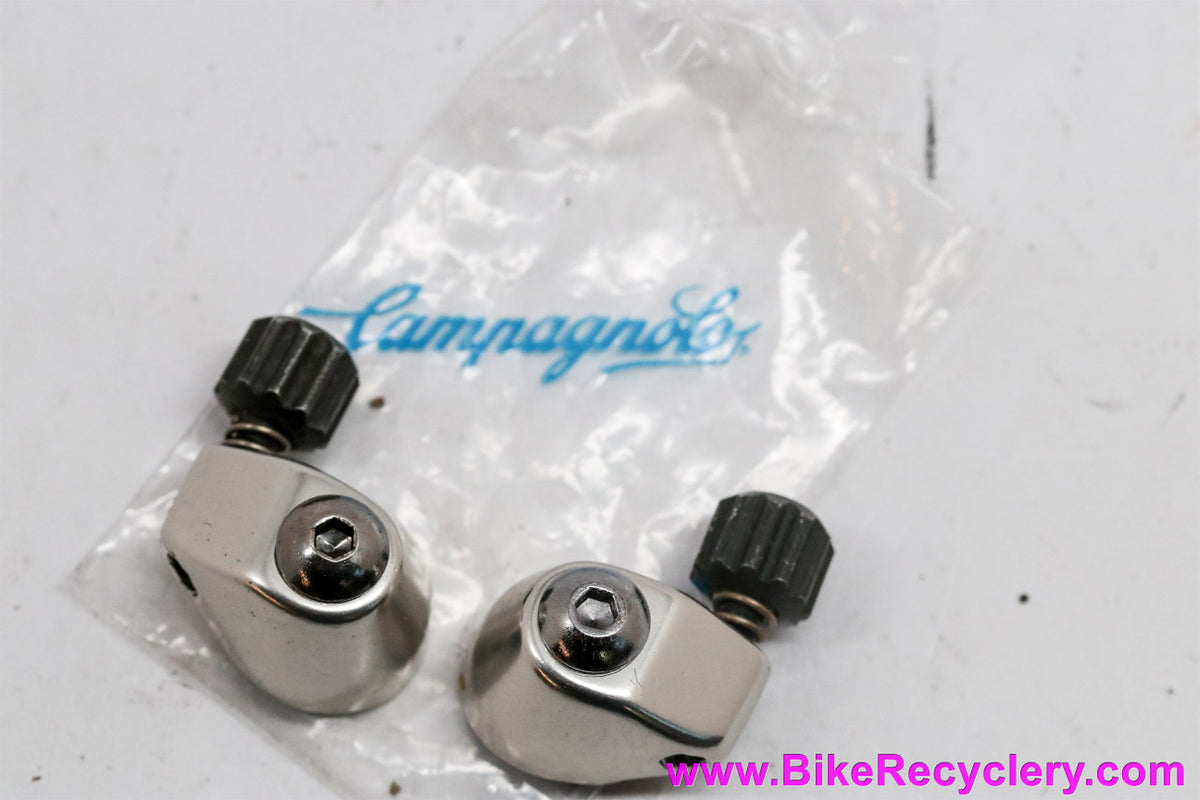 NIB/NOS Campagnolo Record Downtube Cable Stop Barrel Adjusters: RE-001 - Curved - Alloy - Silver/Black Barrels (pair)