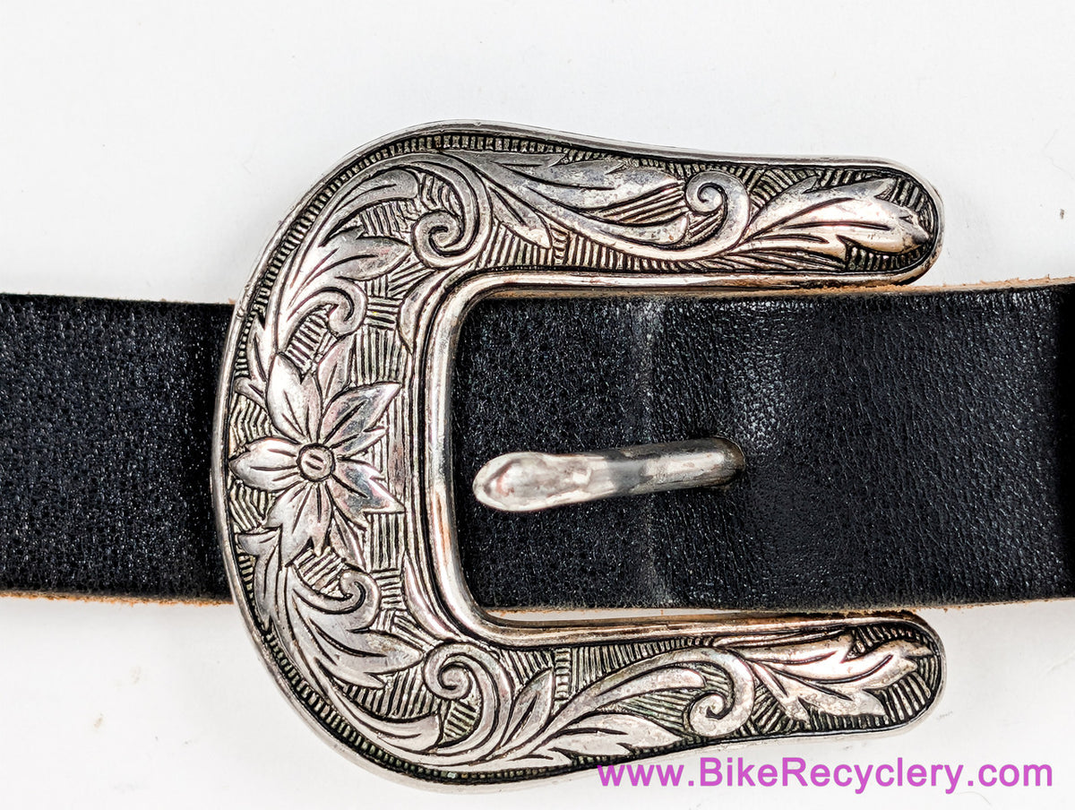 1990's Vintage Gibson x Levy's Leather Guitar Strap: Western Floral Metal Buckles - 2" Shoulder Pad - Black (EXC+ Amazing Patina)