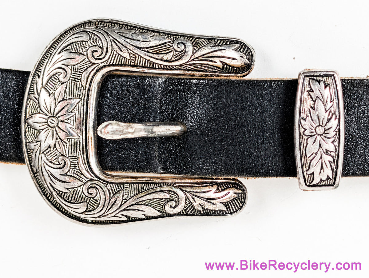 1990's Vintage Gibson x Levy's Leather Guitar Strap: Western Floral Metal Buckles - 2" Shoulder Pad - Black (EXC+ Amazing Patina)