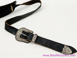 1990's Vintage Gibson x Levy's Leather Guitar Strap: Western Floral Metal Buckles - 2" Shoulder Pad - Black (EXC+ Amazing Patina)