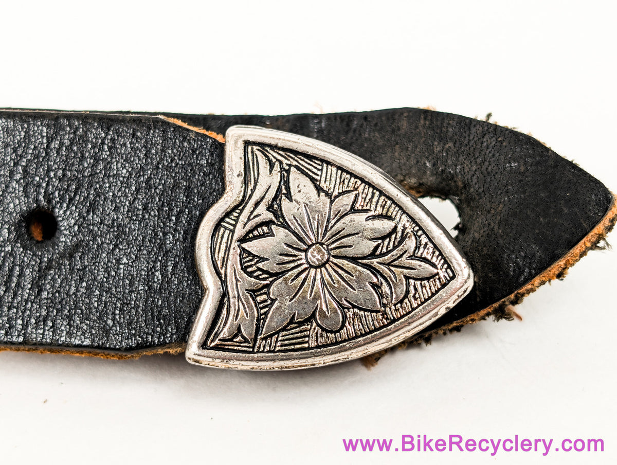 1990's Vintage Gibson x Levy's Leather Guitar Strap: Western Floral Metal Buckles - 2" Shoulder Pad - Black (EXC+ Amazing Patina)
