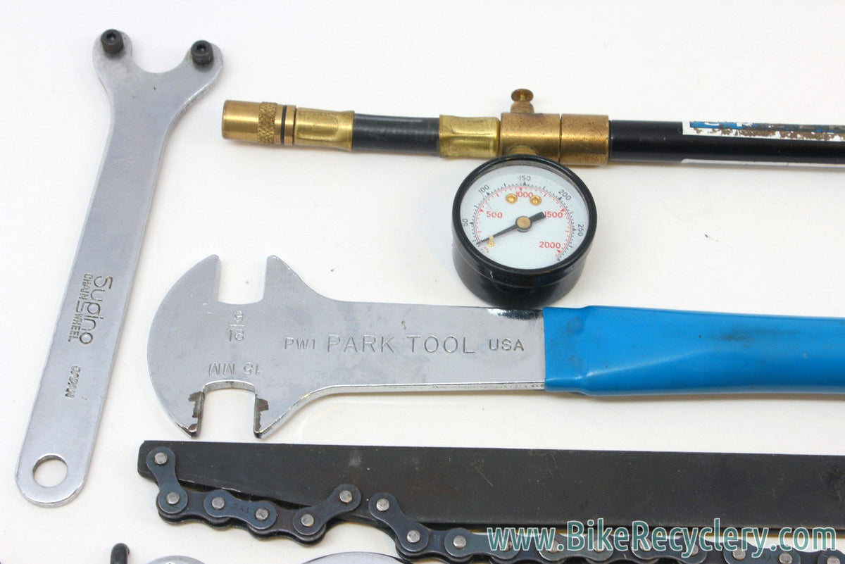 Bicycle Tool Kit: Park Tool Pedal / Headset / Cone / Crank Wrenches, Chainwhip, Shock pump, Pedal Dust Cap tool, etc
