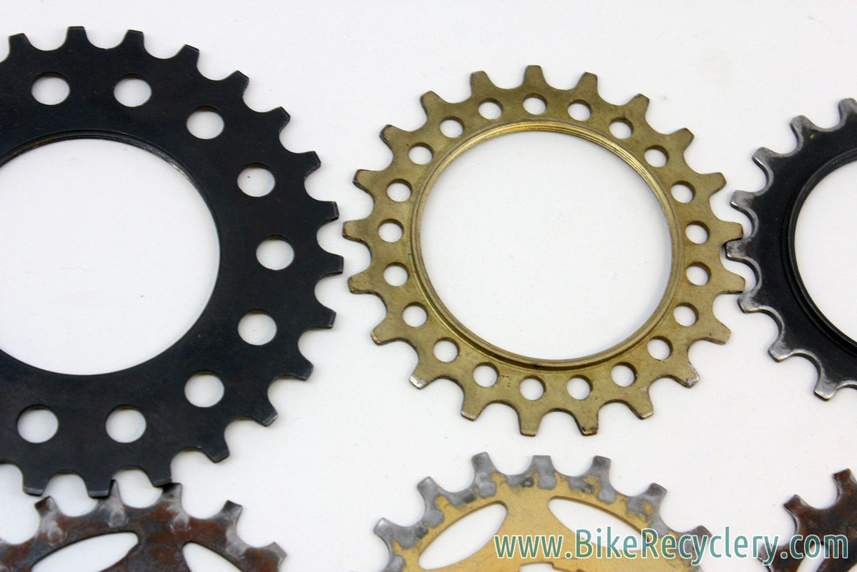 Steampunk Art Gear / Cog Lot: 12 Freewheel Bicycle Cogs, Gold & Black, Drilled, Slotted, Cutouts, Fancy