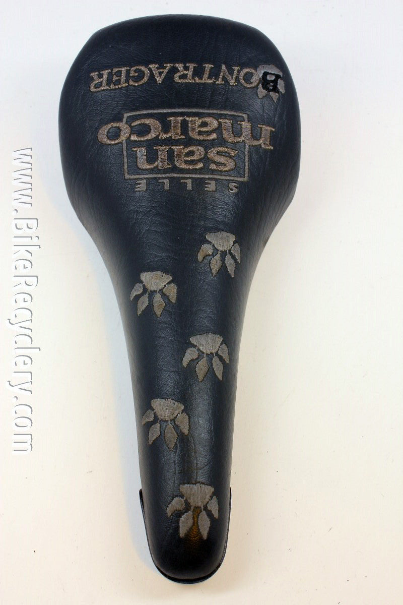 Vintage Bontrager San Marco Saddle: Embroidered Paws, Black Leather, 1990's