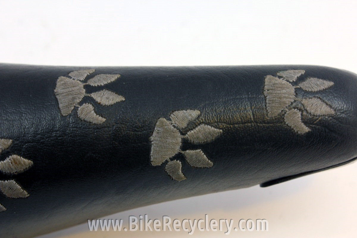 Vintage Bontrager San Marco Saddle: Embroidered Paws, Black Leather, 1990's