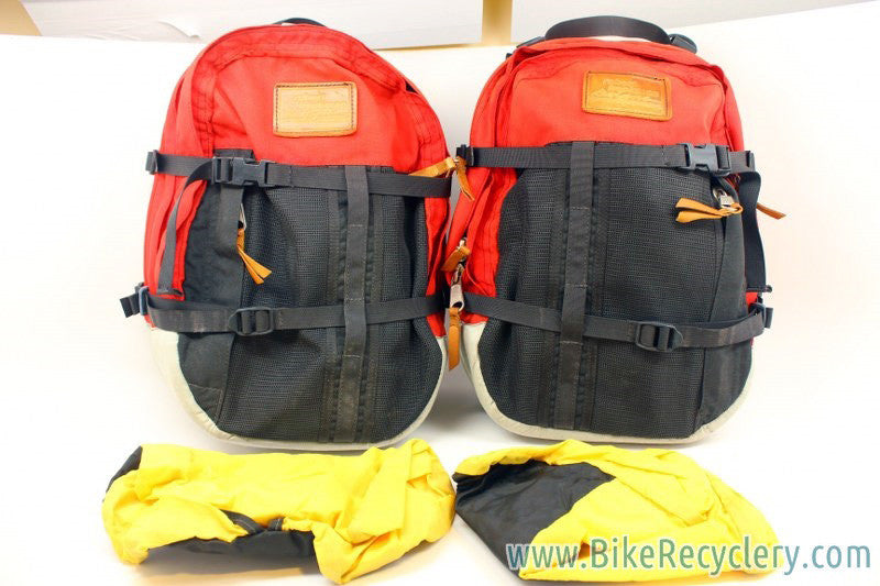Vintage Robert Beckman Panniers: Red/Black, 5-Hook & Strap System, Rain Covers, Used (pair)