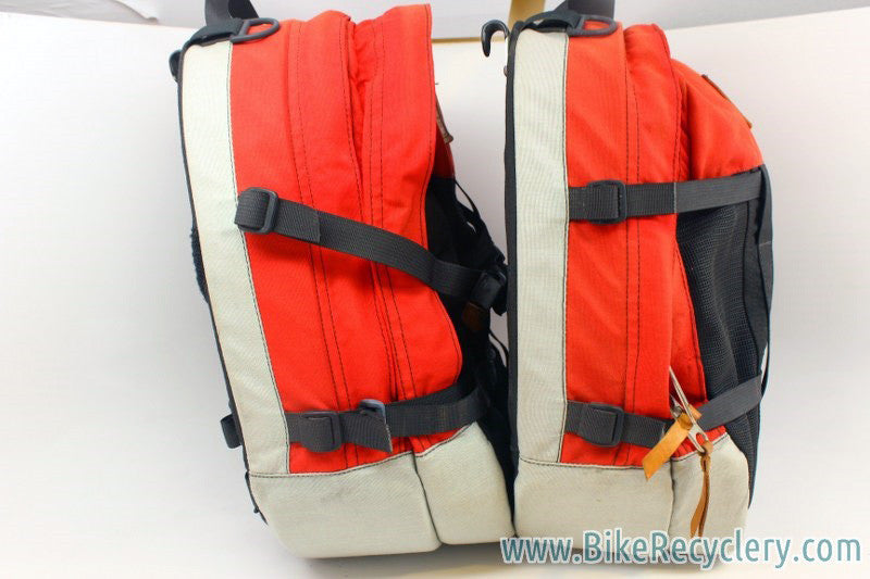 Vintage Robert Beckman Panniers: Red/Black, 5-Hook & Strap System, Rain Covers, Used (pair)