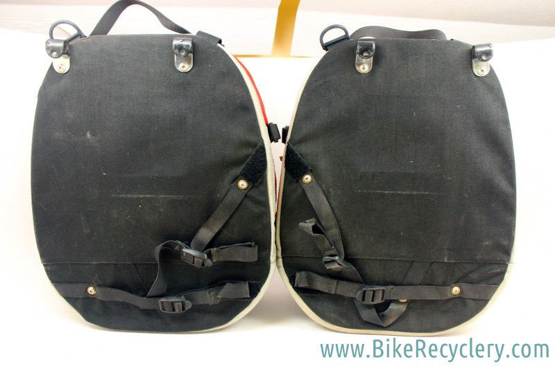 Vintage Robert Beckman Panniers: Red/Black, 5-Hook & Strap System, Rain Covers, Used (pair)