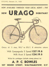 1960 Urago French Road Frame/Fork: 62cm x 59cm - Reynolds 531 Nervex Lugged Steel - Metallic Blue + Gold Pinstriping - Centerpull - 700c x Wide Tires