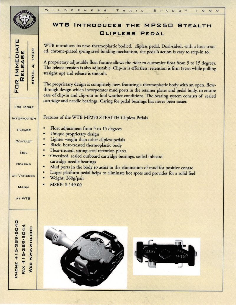 NOS WTB Stealth MP250 Clipless Pedals & Cleats: Early USA Built Version! - SPD Compatible - Thermoplastic! 260g - Rare Vintage Restoration Goodies