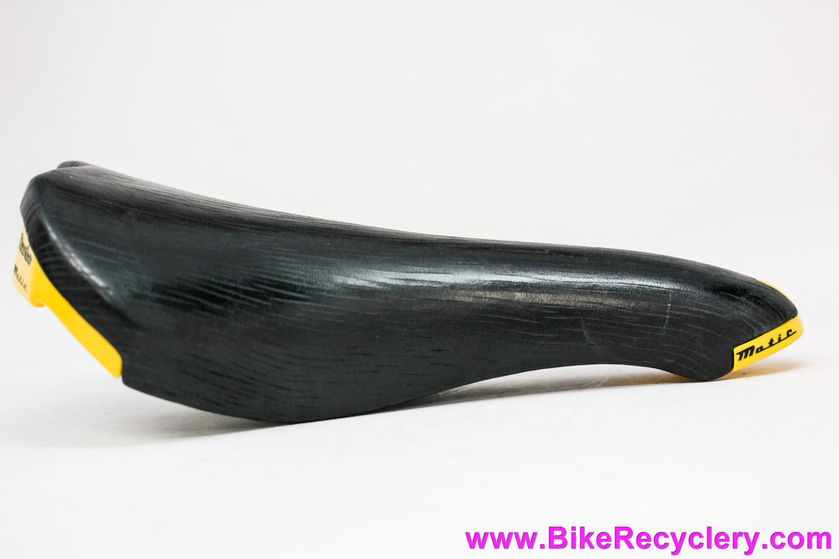 NIB/NOS Selle Italia Turbo-Matic Saddle: 1991 Vintage - Black Textured Leather - Yellow/Black Accents (Take-off)