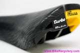 NIB/NOS Selle Italia Turbo-Matic Saddle: 1991 Vintage - Black Textured Leather - Yellow/Black Accents (Take-off)