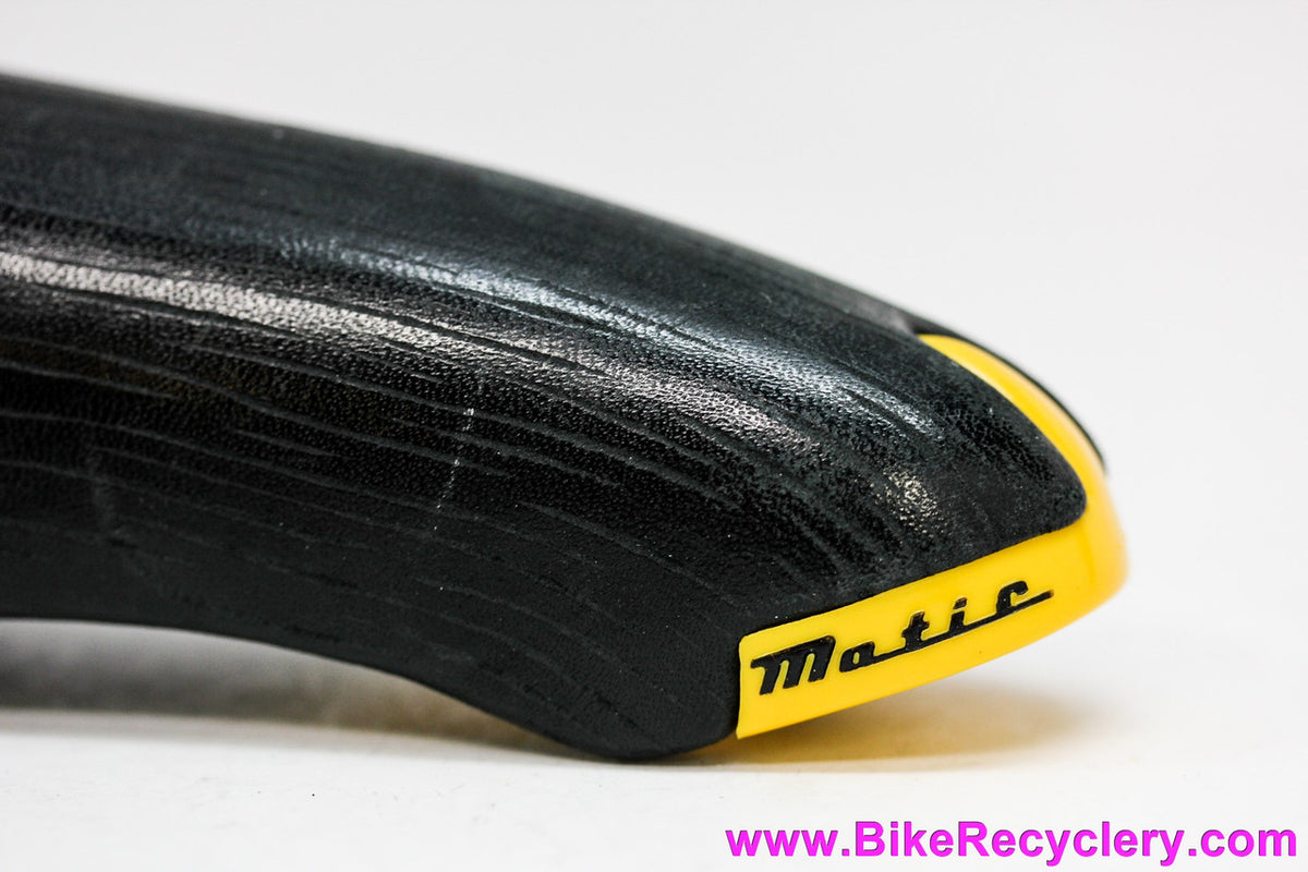 NIB/NOS Selle Italia Turbo-Matic Saddle: 1991 Vintage - Black Textured Leather - Yellow/Black Accents (Take-off)