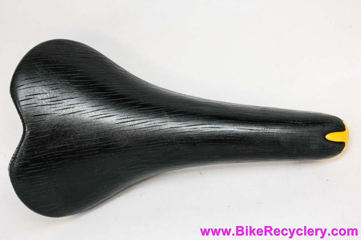 NIB/NOS Selle Italia Turbo-Matic Saddle: 1991 Vintage - Black Textured Leather - Yellow/Black Accents (Take-off)