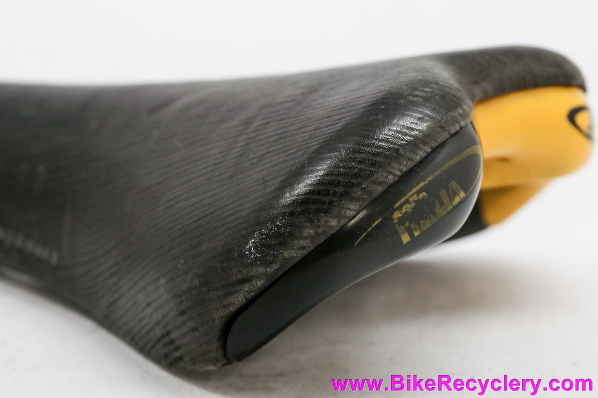 Selle Italia Turbomatic 3 Saddle: Brown Textured Leather w/ Yellow - 1990's