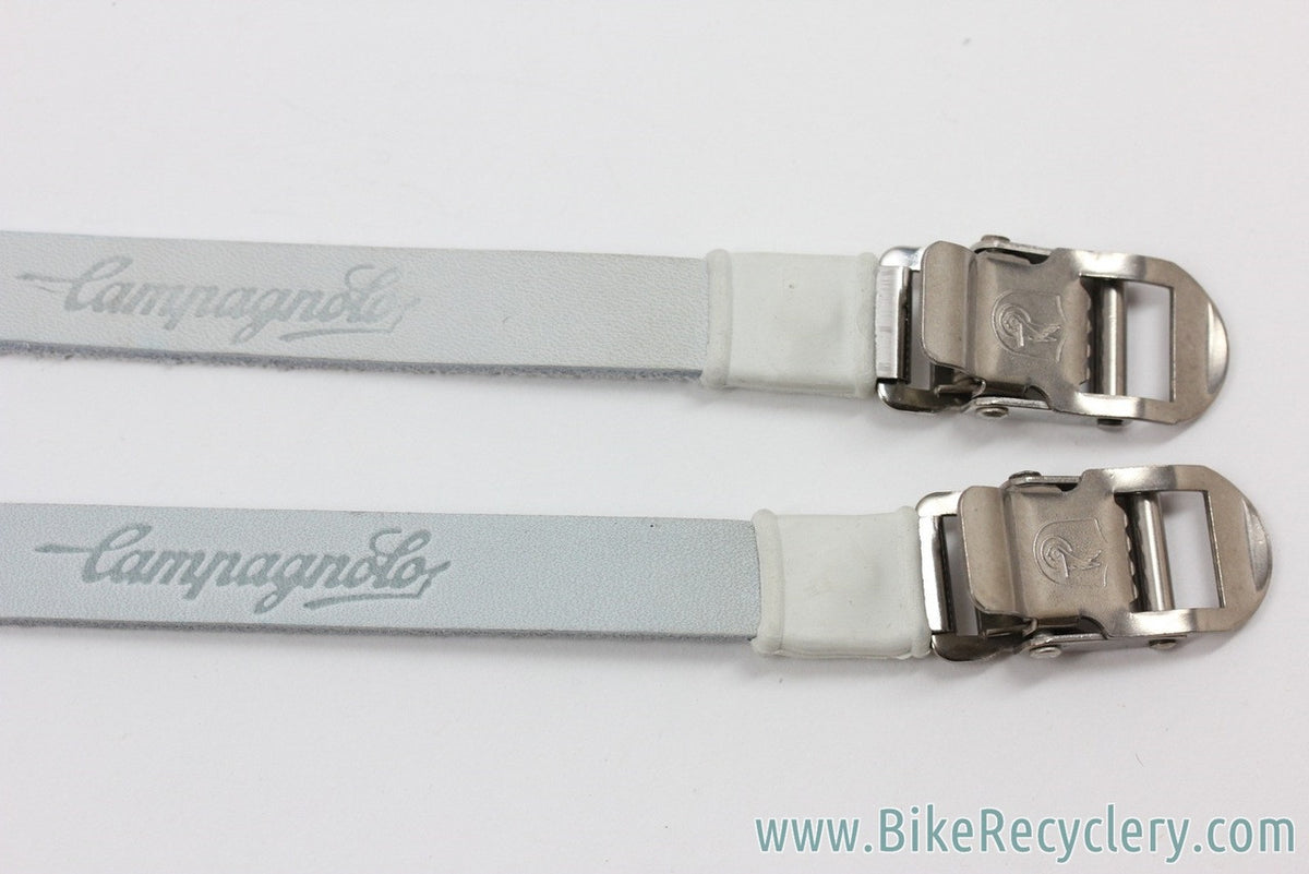 NOS Campagnolo Toe Straps: White/Grey Leather - Script Logo (Pair)