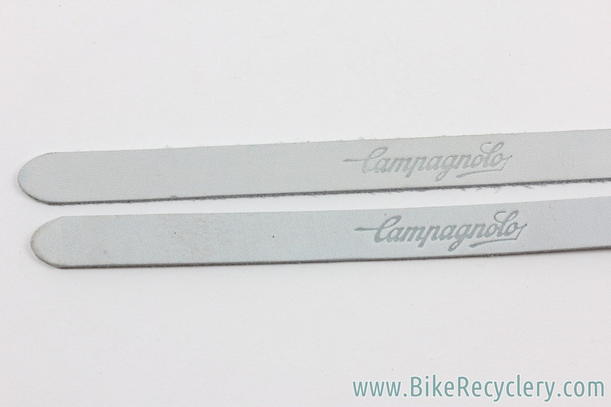 NOS Campagnolo Toe Straps: White/Grey Leather - Script Logo (Pair)
