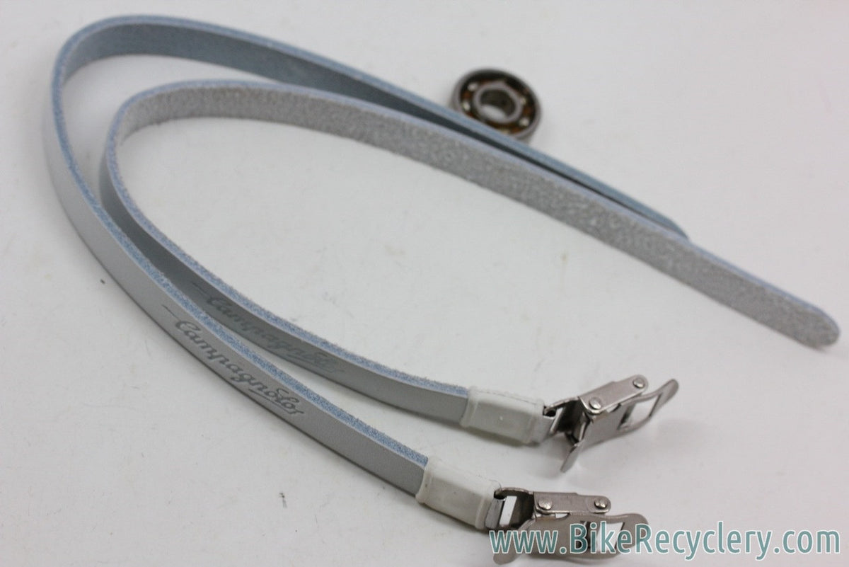 NOS Campagnolo Toe Straps: White/Grey Leather - Script Logo (Pair)