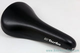 Selle Italia Turbo Saddle: Smooth Black Leather - White Decals - Vintage 1980's (NM+)