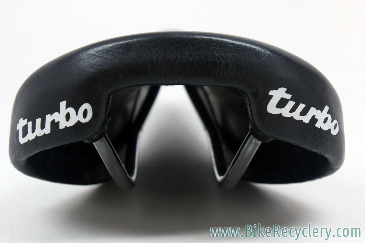 Selle Italia Turbo Saddle: Smooth Black Leather - White Decals - Vintage 1980's (NM+)